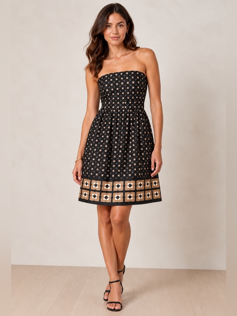 Banana Republic Strapless Fit & Flare Dress Size 6 Black Geometric Print